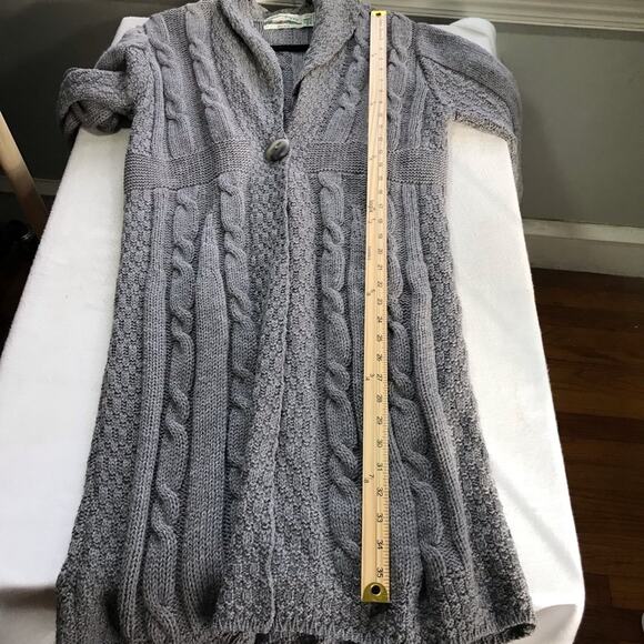 Aran Crafts Ireland 100% merino wool grey cable knit long length cardigan S - Picture 6 of 11